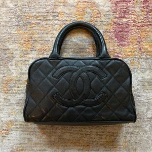 Chanel vintage black caviar bowler top handle bag Boston